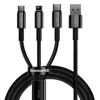 Baseus 3in1 Daten- / Ladekabel USB-A auf USB-C / Micro-USB / Lightning f�r HUAWEI Pura 80 Pro, Black, 1.5m, Textilummantelung