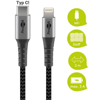 Goobay Daten- / Ladekabel Lightning auf USB-C f�r APPLE iPhone 6 Plus, Black, 2m, Textilummantelung