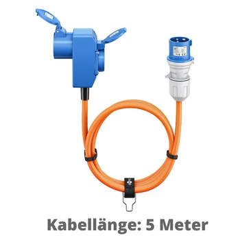 Goobay CEE Adapter, 5m Gummischlauchleitung, CEE-Stecker auf 90� CEE-Kupplung + Schutzkontakt-Kupplung