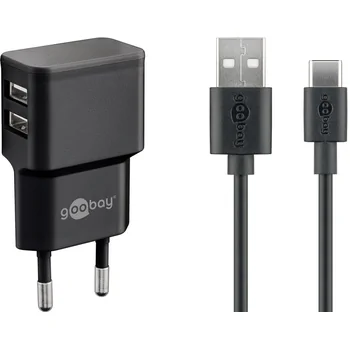 Goobay Ladeger�t 230V SLIM f�r HUAWEI Pura 80 Pro, 12W, USB-C, Black, 2x USB-A, 2-teilig