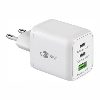Goobay GaN USB Ladeger�t 230V f�r APPLE iPhone Xs MAX, 2x USB-C + 1x USB-A, 65W, White