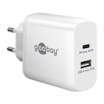 Goobay GaN USB Ladeger�t 230V f�r APPLE iPhone Xs MAX, 1x USB-C + 1x USB-A, 45W, White