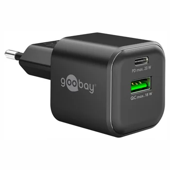 Goobay GaN USB Ladeger�t dual nano 230V f�r APPLE iPhone Xs MAX, 1x USB-C + 1x USB-A, 20W, Black
