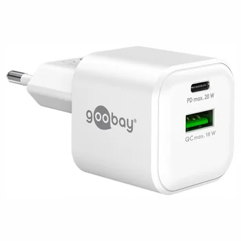 Goobay GaN USB Ladeger�t dual nano 230V f�r APPLE iPhone Xs MAX, 1x USB-C + 1x USB-A, 20W, White