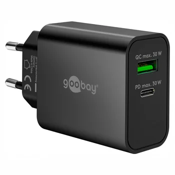 Goobay USB GaN Ladeger�t Dual 230V f�r APPLE iPhone Xs MAX, 1x USB-A + 1x USB-C, 30W, Black