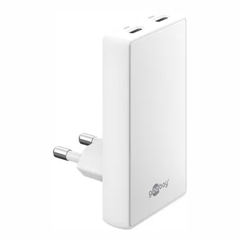 Goobay GaN USB Ladeger�t 230V f�r APPLE iPhone Xs MAX, 2x USB-C, 65W , 90�, Flat, White