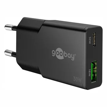 Goobay GaN USB Ladeger�t dual slim 230V f�r APPLE iPhone Xs MAX, 1x USB-C + 1x USB-A, 30W, Black