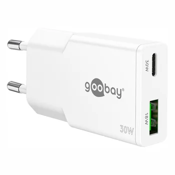 Goobay GaN USB Ladeger�t dual slim 230V f�r APPLE iPhone Xs MAX, 1x USB-C + 1x USB-A, 30W, White