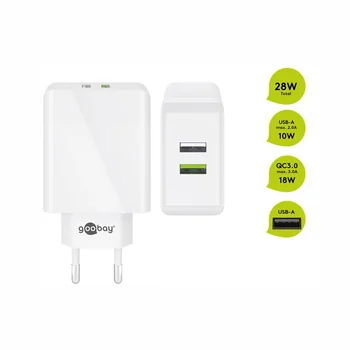 Goobay QC 3.0 USB Schnellladeger�t 230V f�r APPLE iPhone Xs MAX, 2x USB-A, 28W, White