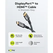 Goobay DisplayPort auf HDMI Premium-Kabel, 8k / 60Hz, 2m, Stecker / Stecker, vergoldet, bis 48 Gbit/s, Textilkabel, black/silver, Abbildung 1