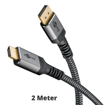 Home & Office, TV & Sat: Goobay DisplayPort auf HDMI Premium-Kabel, 8k / 60Hz, 2m, Stecker / Stecker, vergoldet, bis 48 Gbit/s, Textilkabel, black/silver