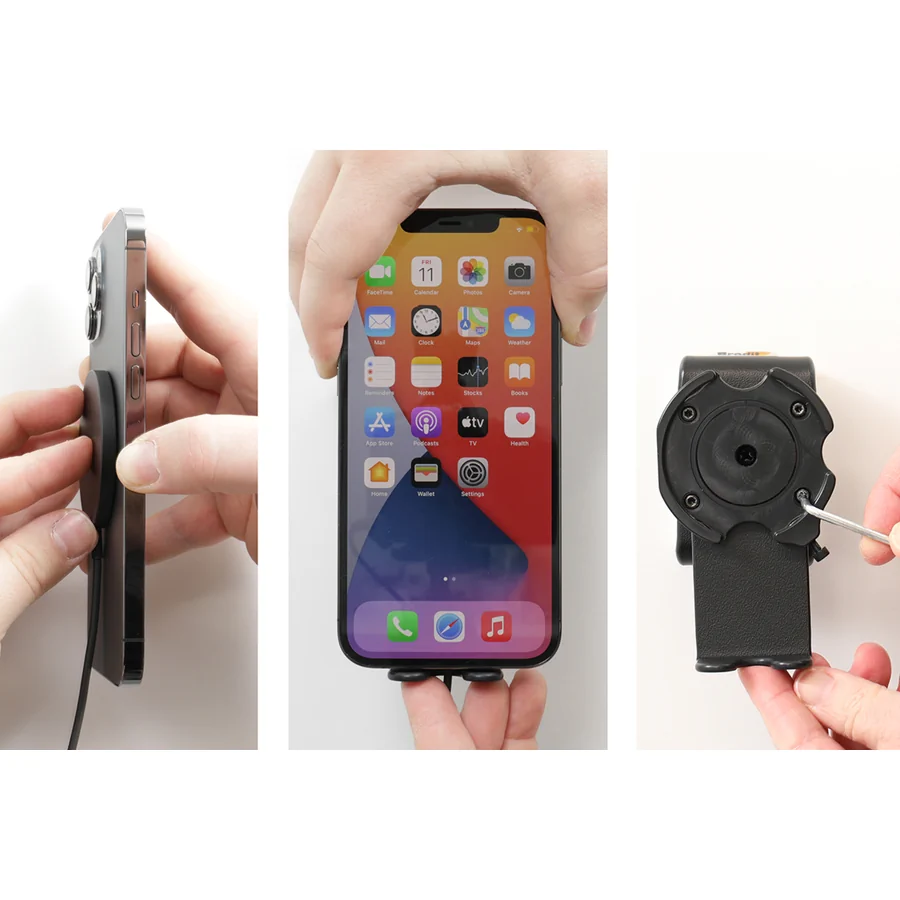 Bild 2 : 216327 : Brodit Komplettset MagSafe Halter mit Kugelgelenk + untere Stütze für APPLE iPhone 17, inkl. USB-C Brodit Magnetic Wireless Charger + USB 12/24V Ladegerät