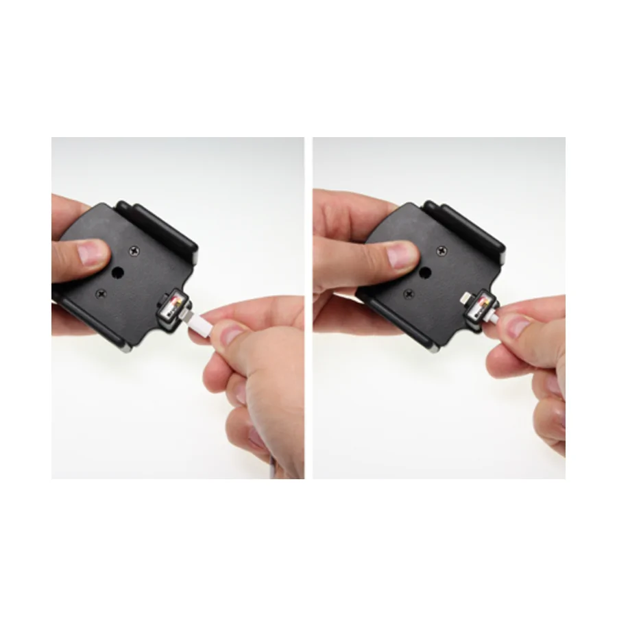 Bild 1 : 514795 : Brodit einstellbarer Halter (seitlich) f�r APPLE iPhone 7, f�r Schutzh�llen, max: Breite 62-77mm, Dicke: 2-10mm, Achtung: Nur f�r die Aufnahme des abgebildeten Original Kabel (Apple MQUE2ZM/A mit Lightning Anschluss) vorgesehen!